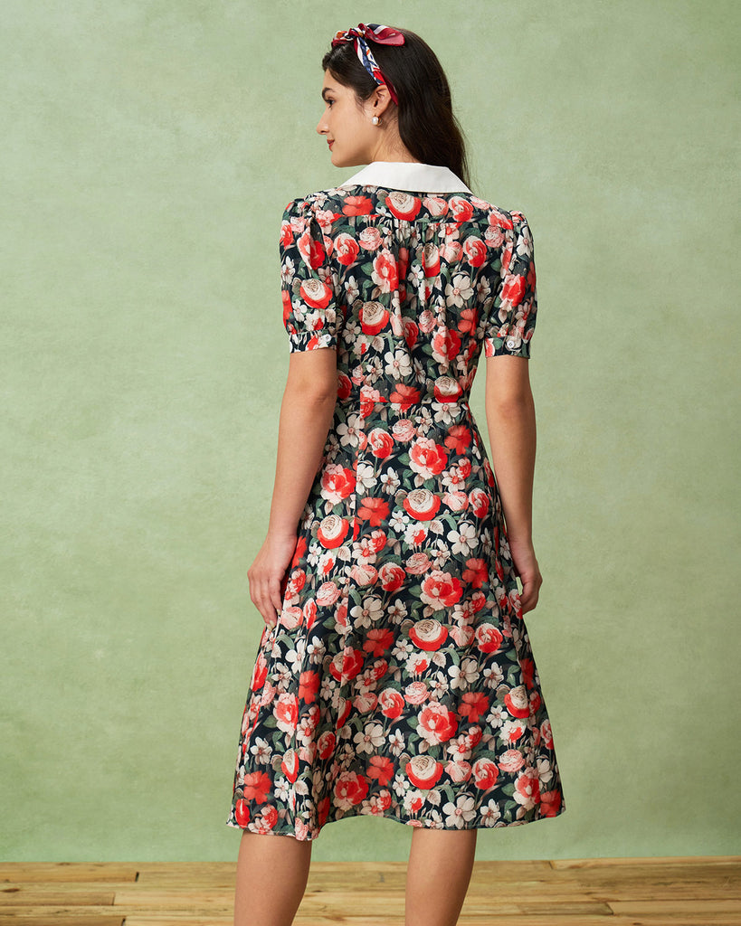 Black Floral Contrast Midi Dress