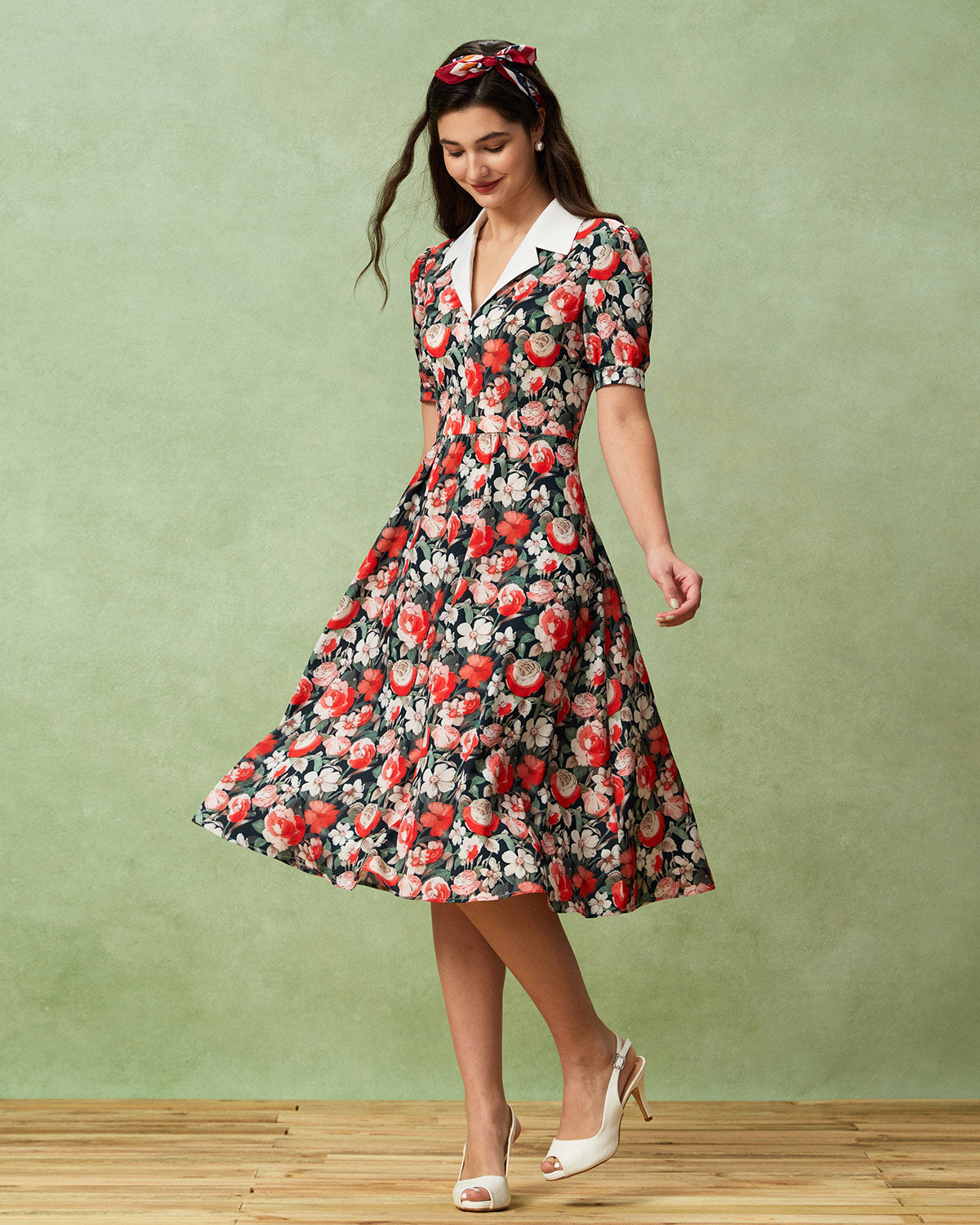 Black Floral Contrast Midi Dress