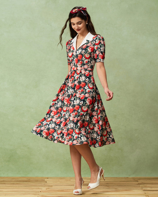 Black Floral Contrast Midi Dress