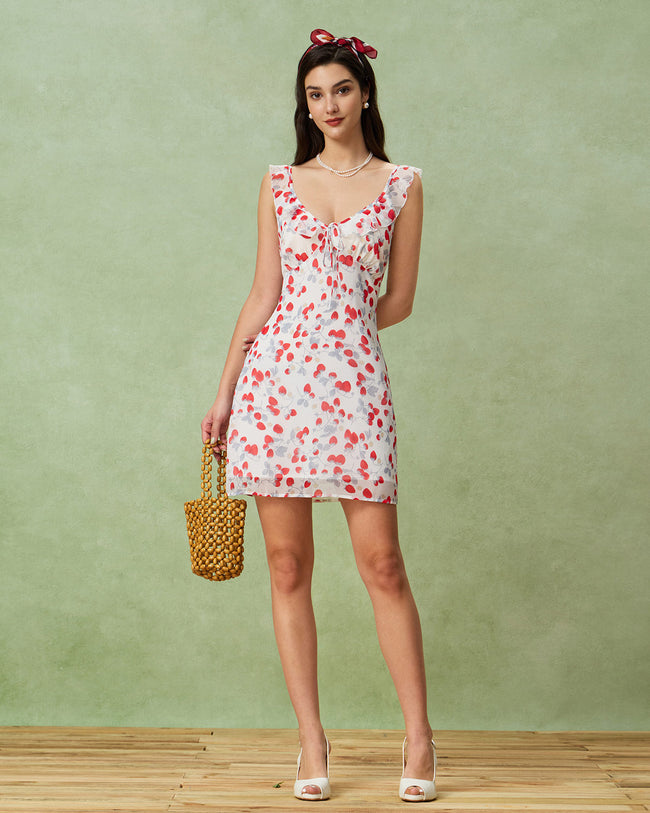 White Floral V Neck Ruffle Mini Dress