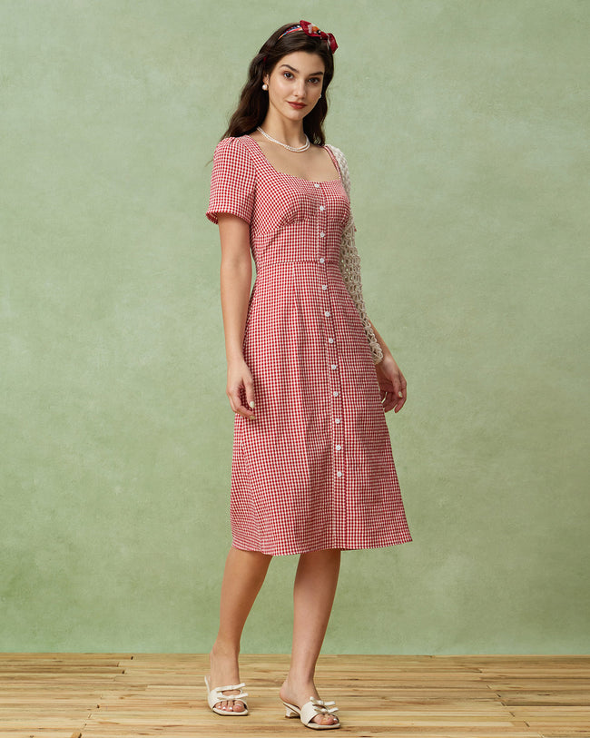 Red Plaid Square Neck Midi Dress & Reviews - Red - Dresses