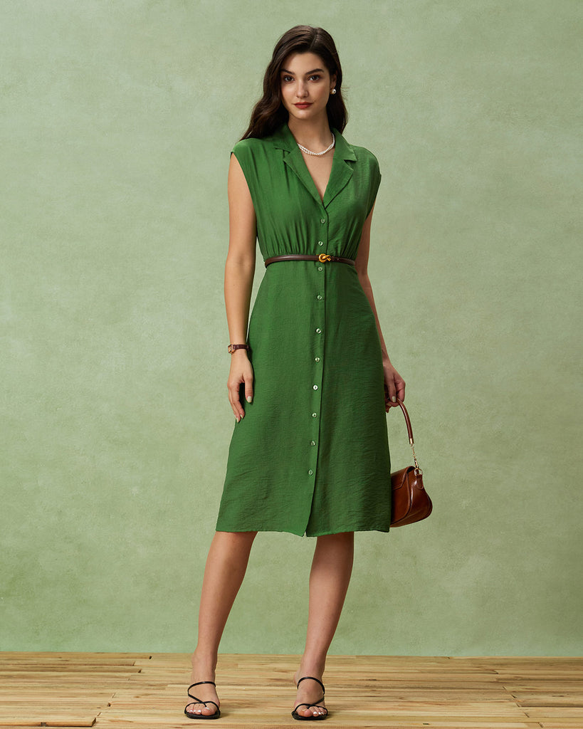 Green Cowl Sleeve Button Midi Dress