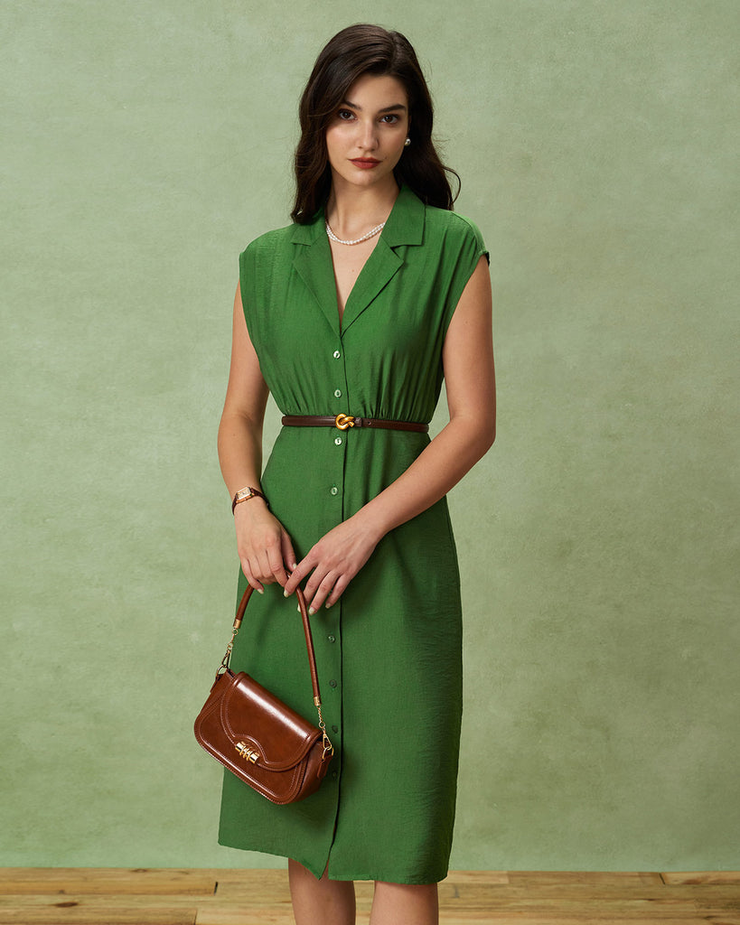 Green Cowl Sleeve Button Midi Dress