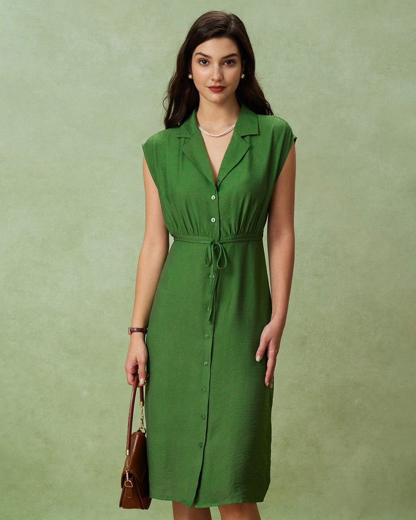 Green Cowl Sleeve Button Midi Dress