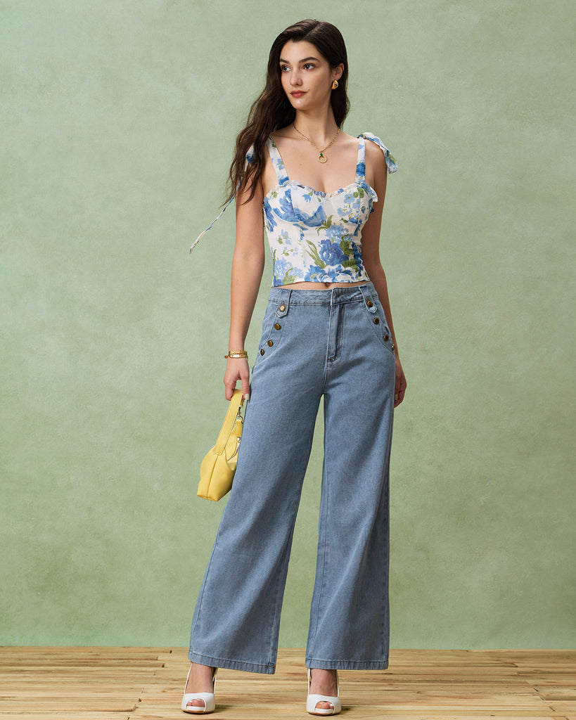 Blue Floral Bohemian Cropped Camis