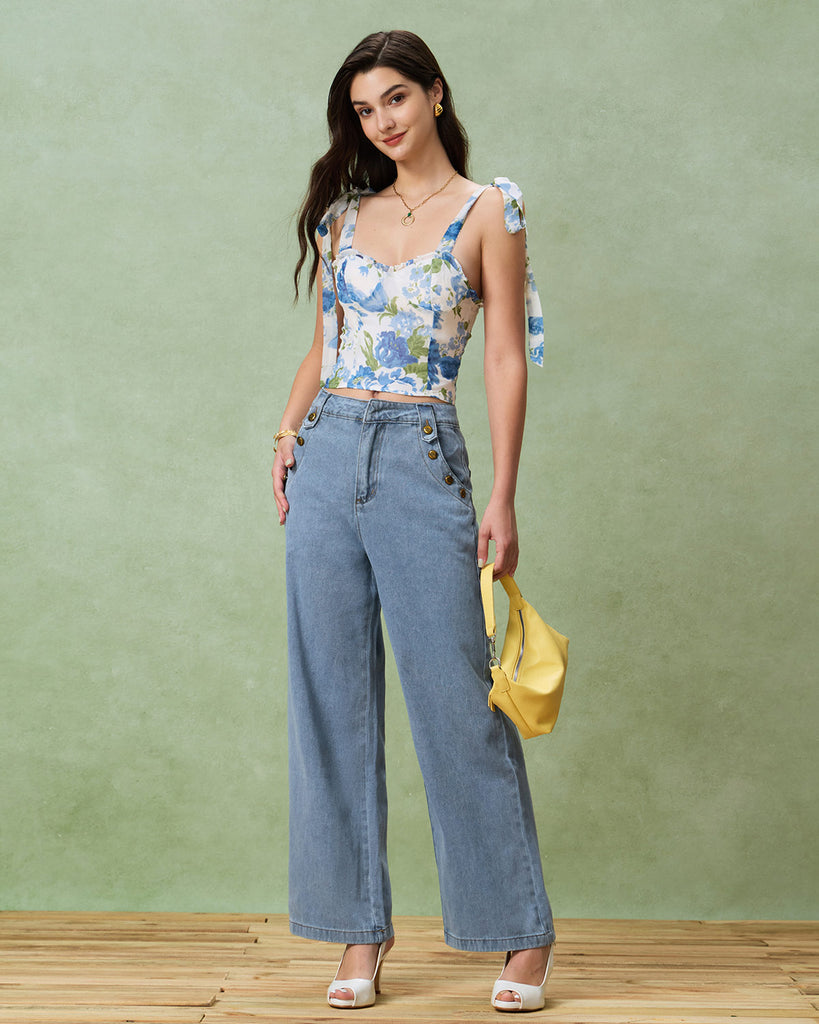 Blue Floral Bohemian Cropped Camis
