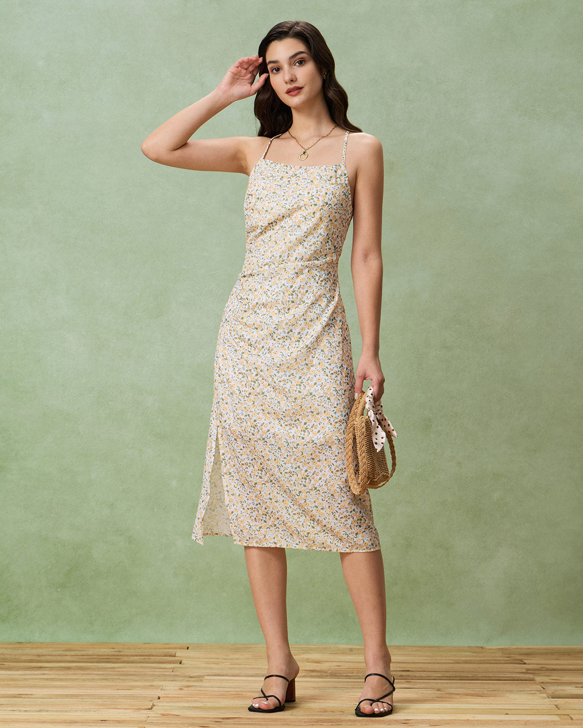 Yellow Floral Ruched Slip Midi Dress