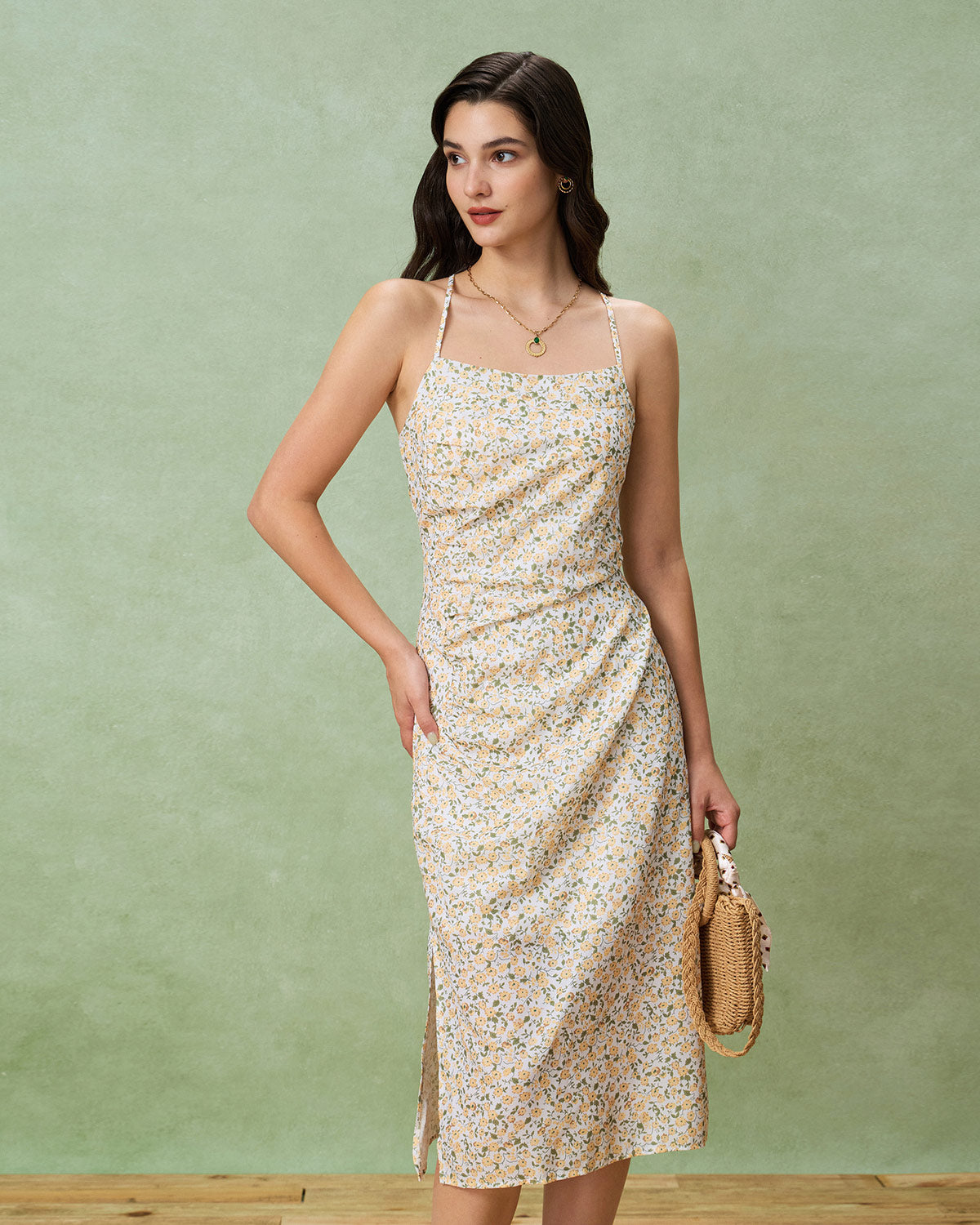 Yellow Floral Ruched Slip Midi Dress