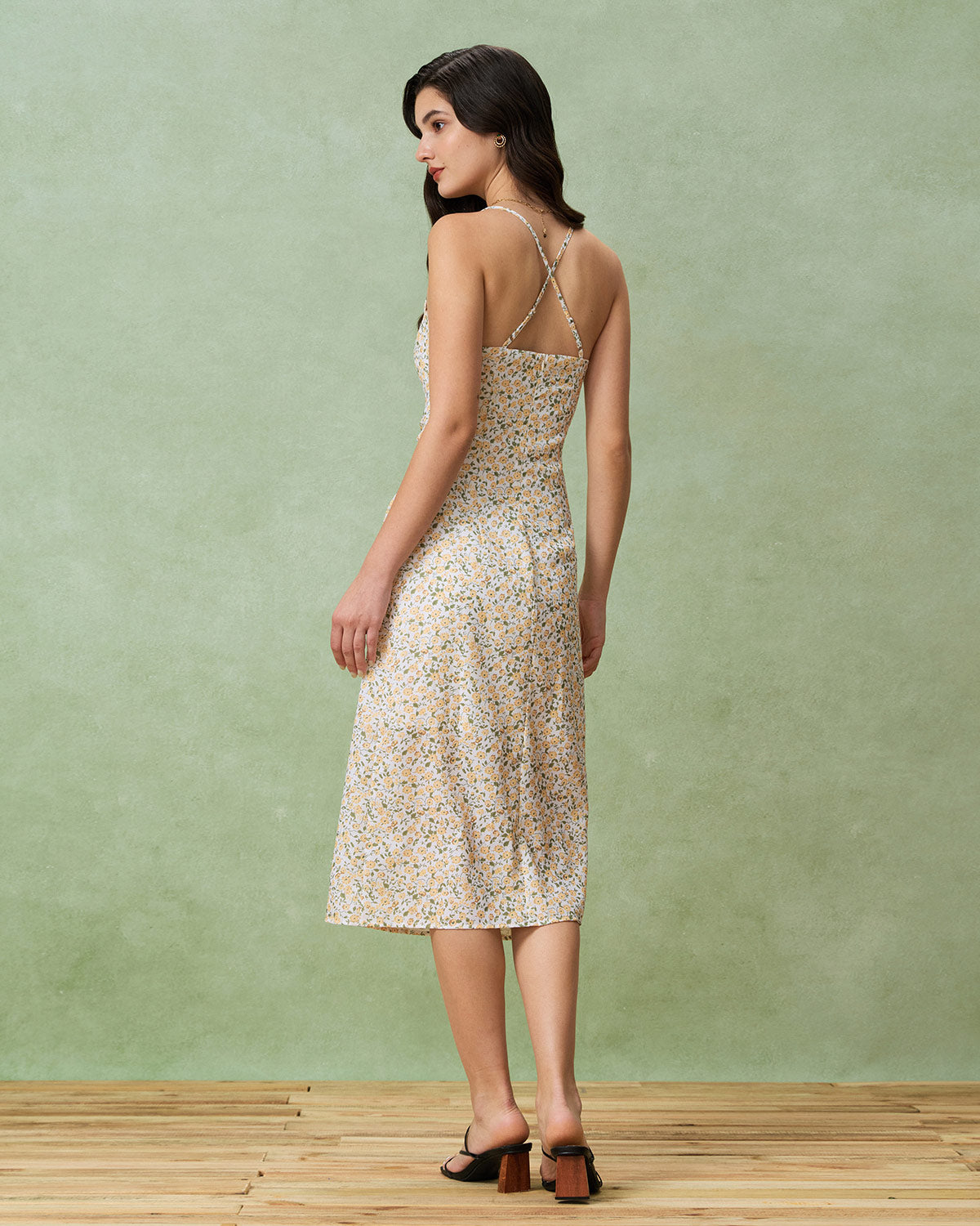 Yellow Floral Ruched Slip Midi Dress