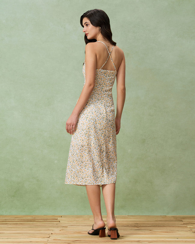 Yellow Floral Ruched Slip Midi Dress