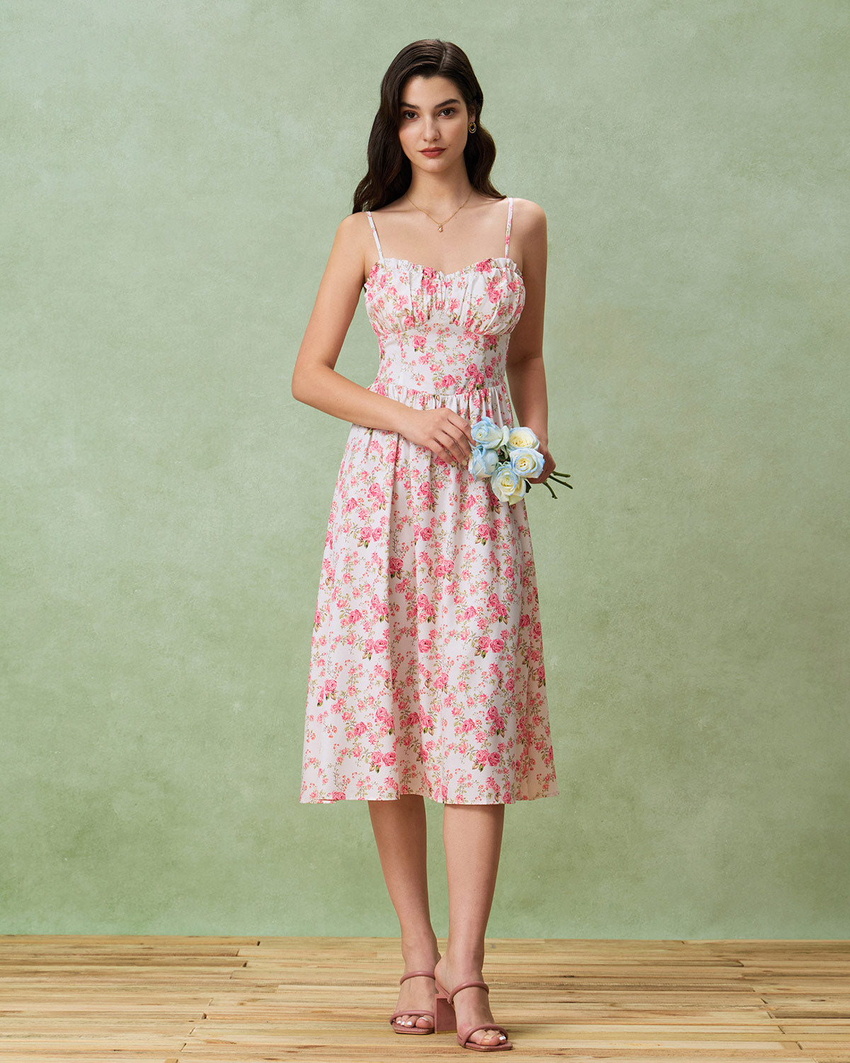Pink Floral Sweetheart Neck Shirred Slip Midi Dress