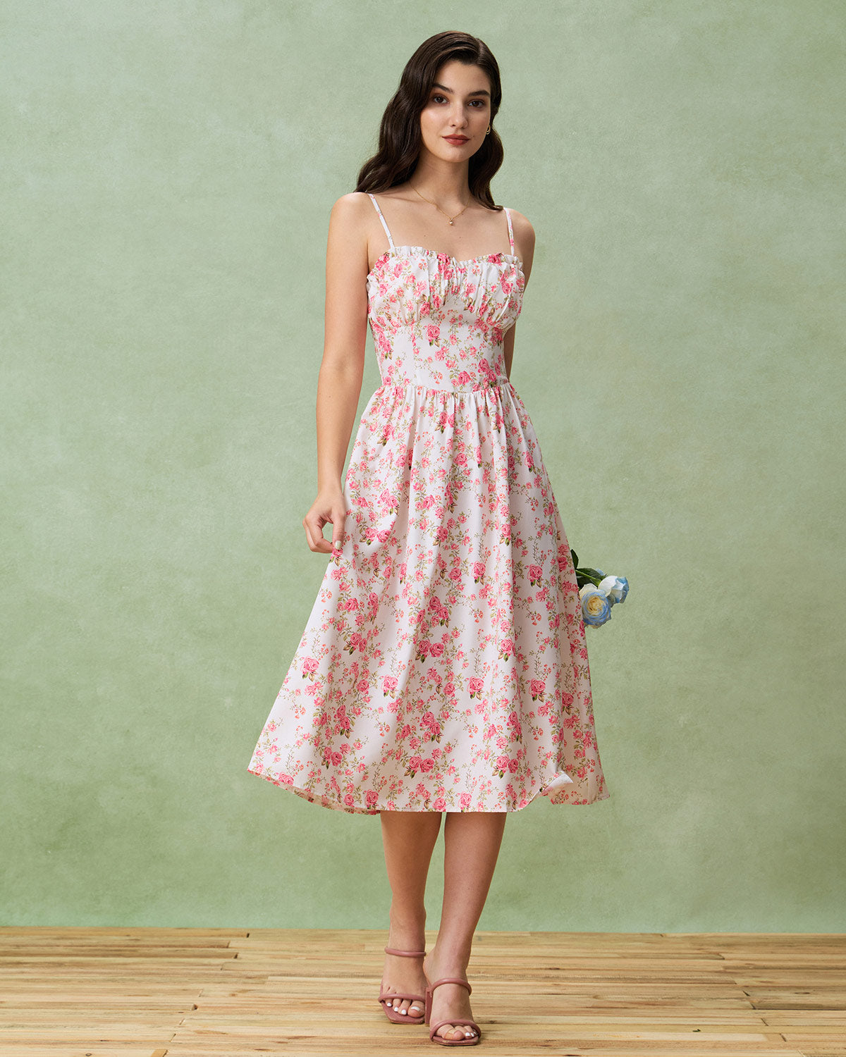 Pink Floral Sweetheart Neck Shirred Slip Midi Dress