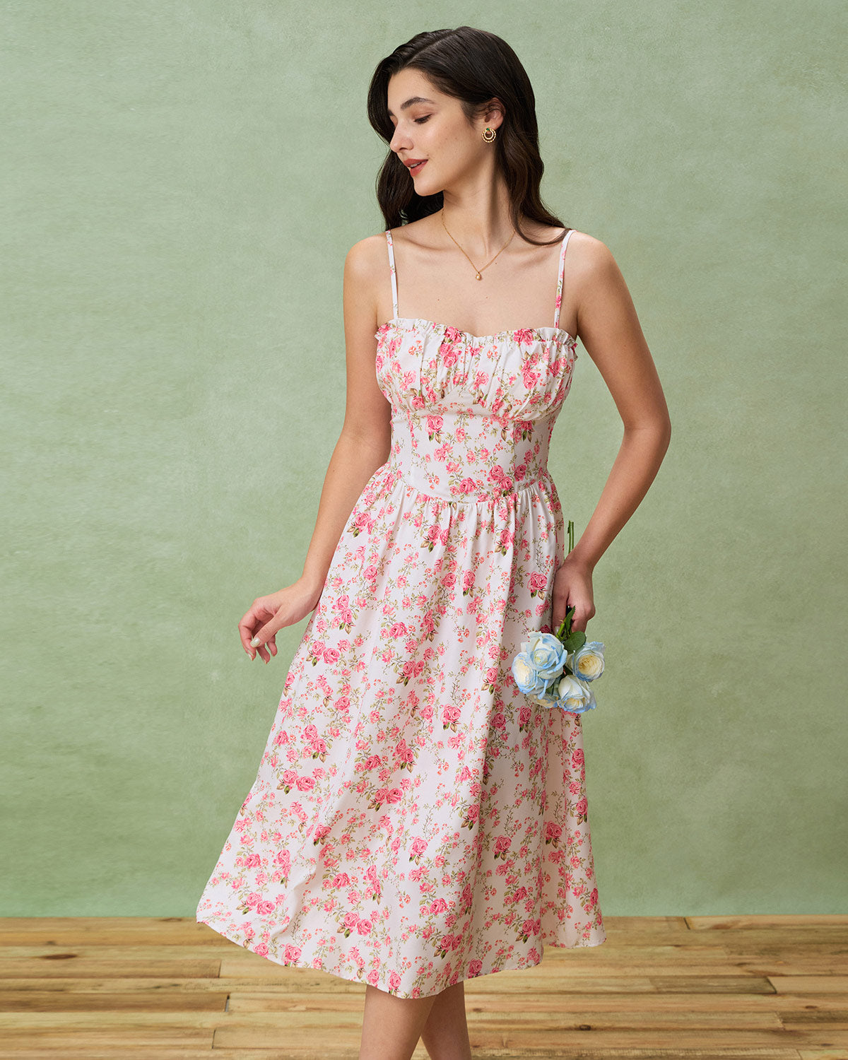 Pink Floral Sweetheart Neck Shirred Slip Midi Dress