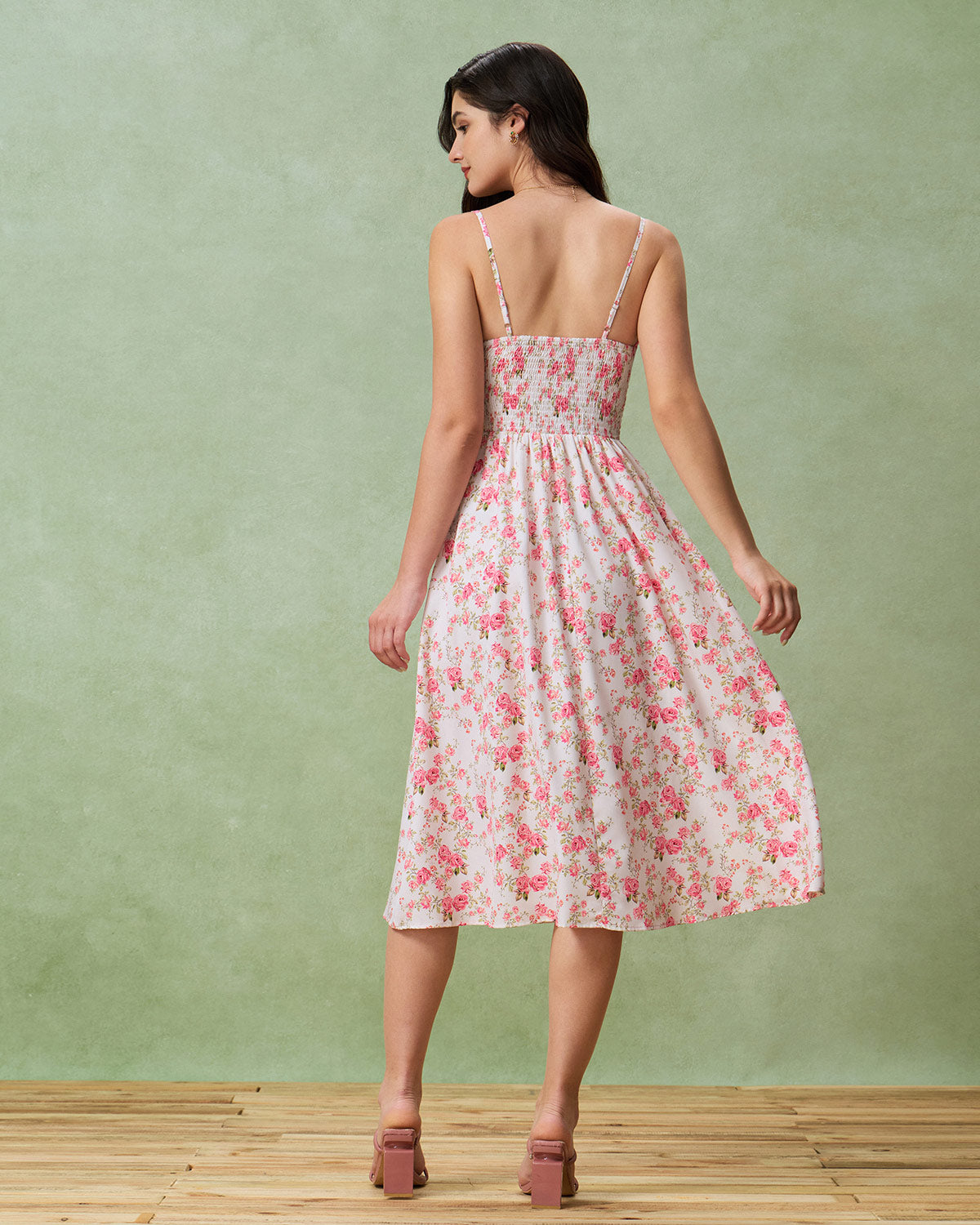 Pink Floral Sweetheart Neck Shirred Slip Midi Dress