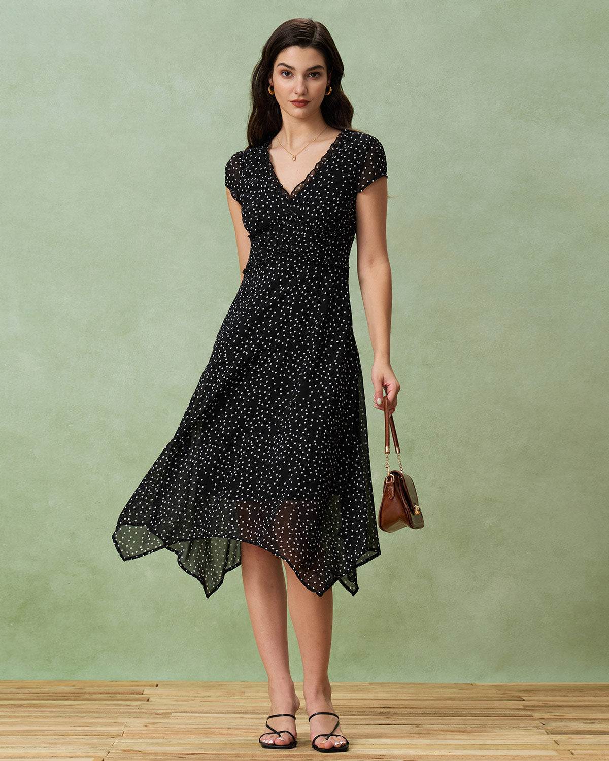 Black V Neck Polka Dot Midi Dress Black V Neck Polka Dot Midi Dress