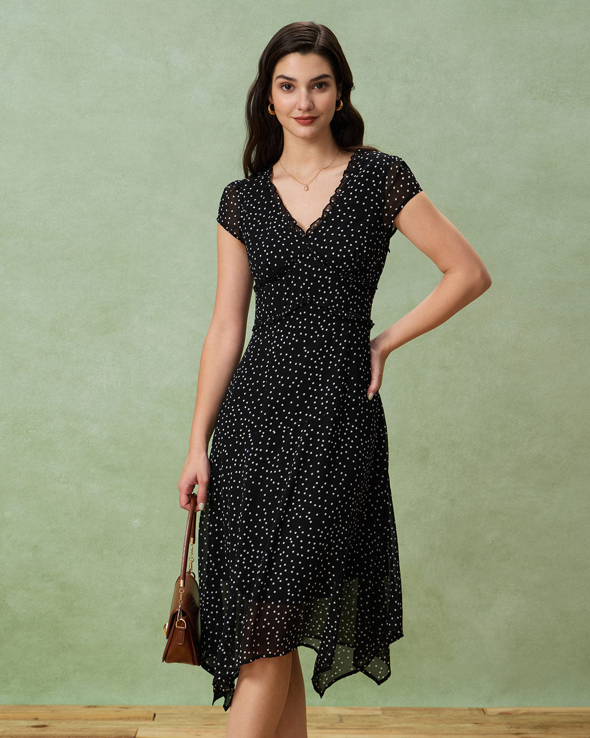 Black V Neck Polka Dot Midi Dress Black V Neck Polka Dot Midi Dress