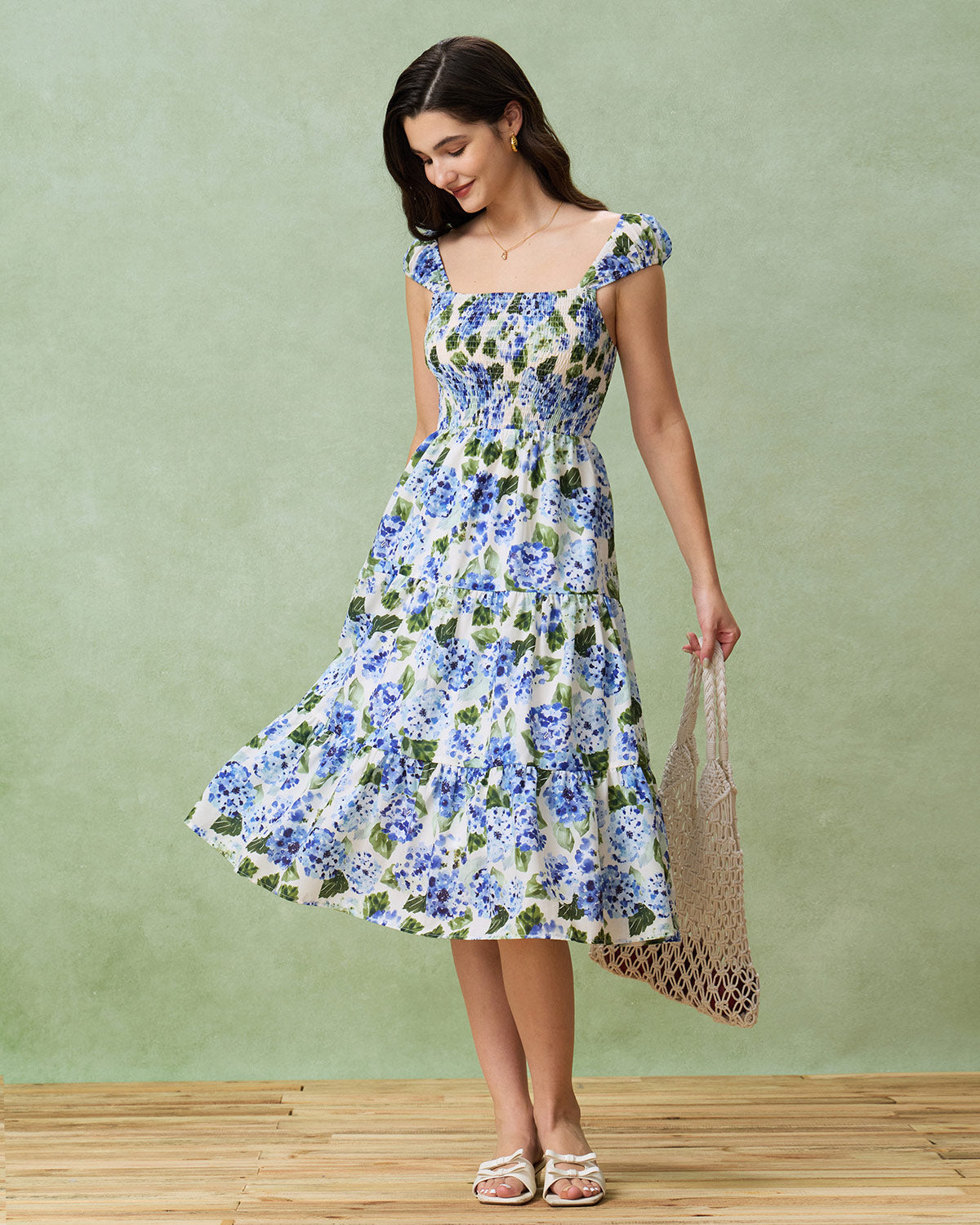 Blue Floral Square Neck Shirred Midi Dress