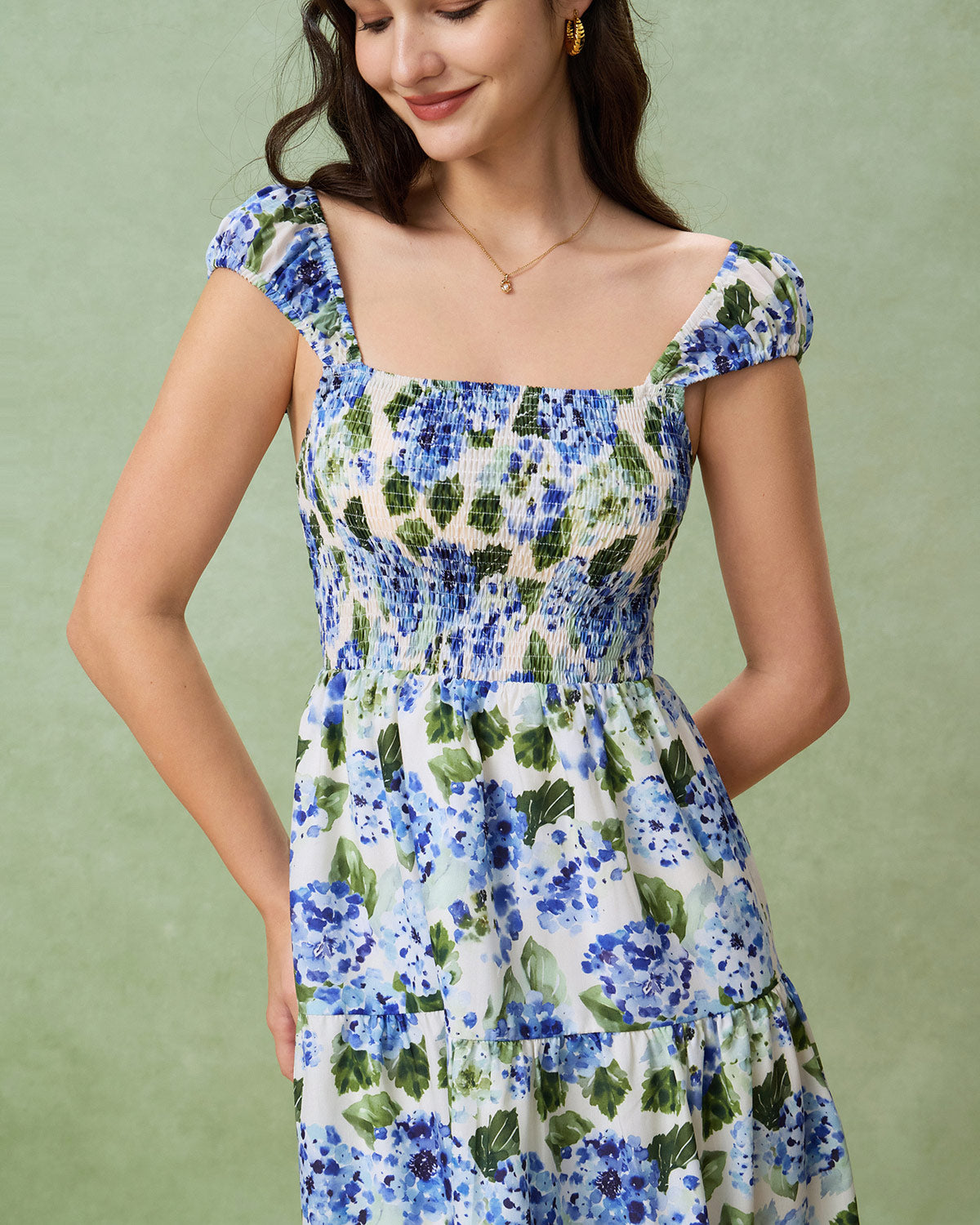 Blue Floral Square Neck Shirred Midi Dress
