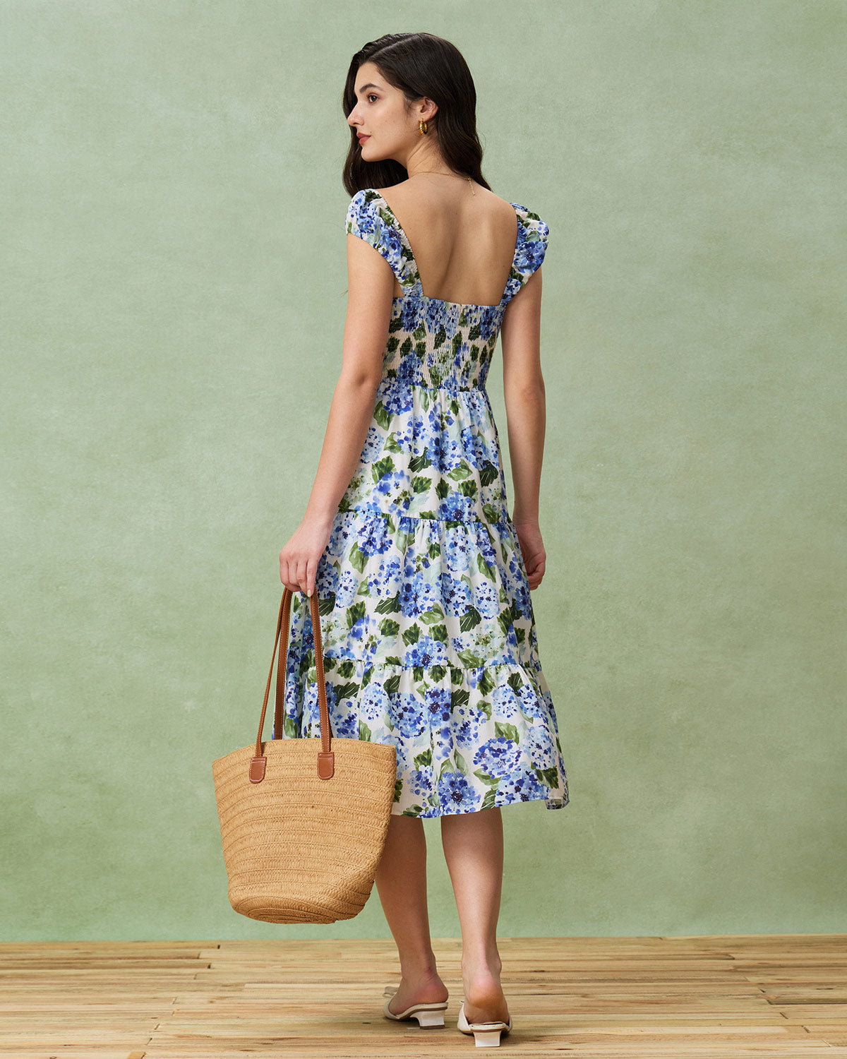 Blue Floral Square Neck Shirred Midi Dress