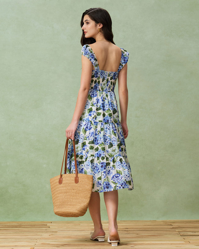 Blue Floral Square Neck Shirred Midi Dress