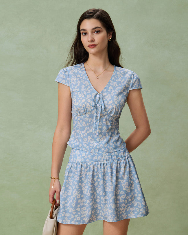 Blue Floral A-Line Mini Skirt