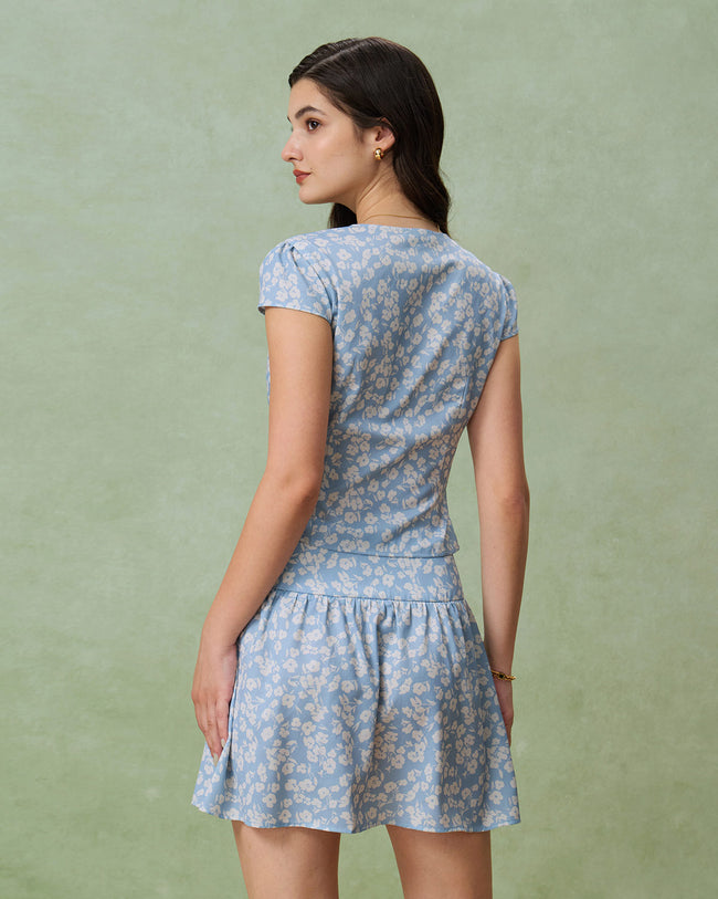 Blue Floral A-Line Mini Skirt