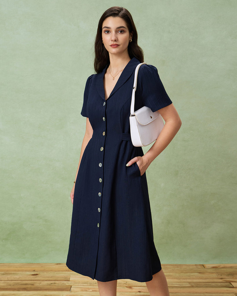 Navy Button A-Line Pocket Midi Dress