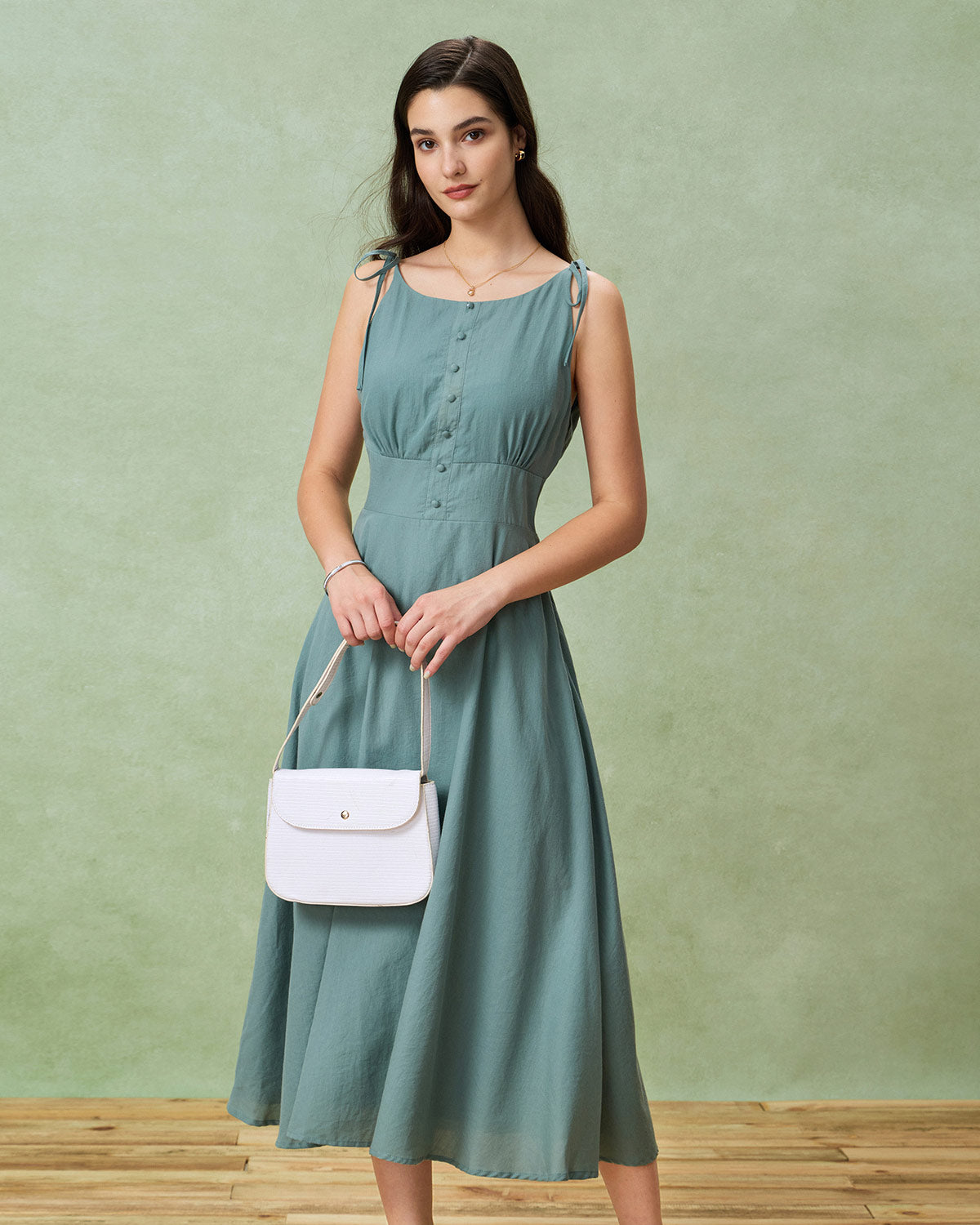 Green Boat Neck Backless Slip Midi Dress