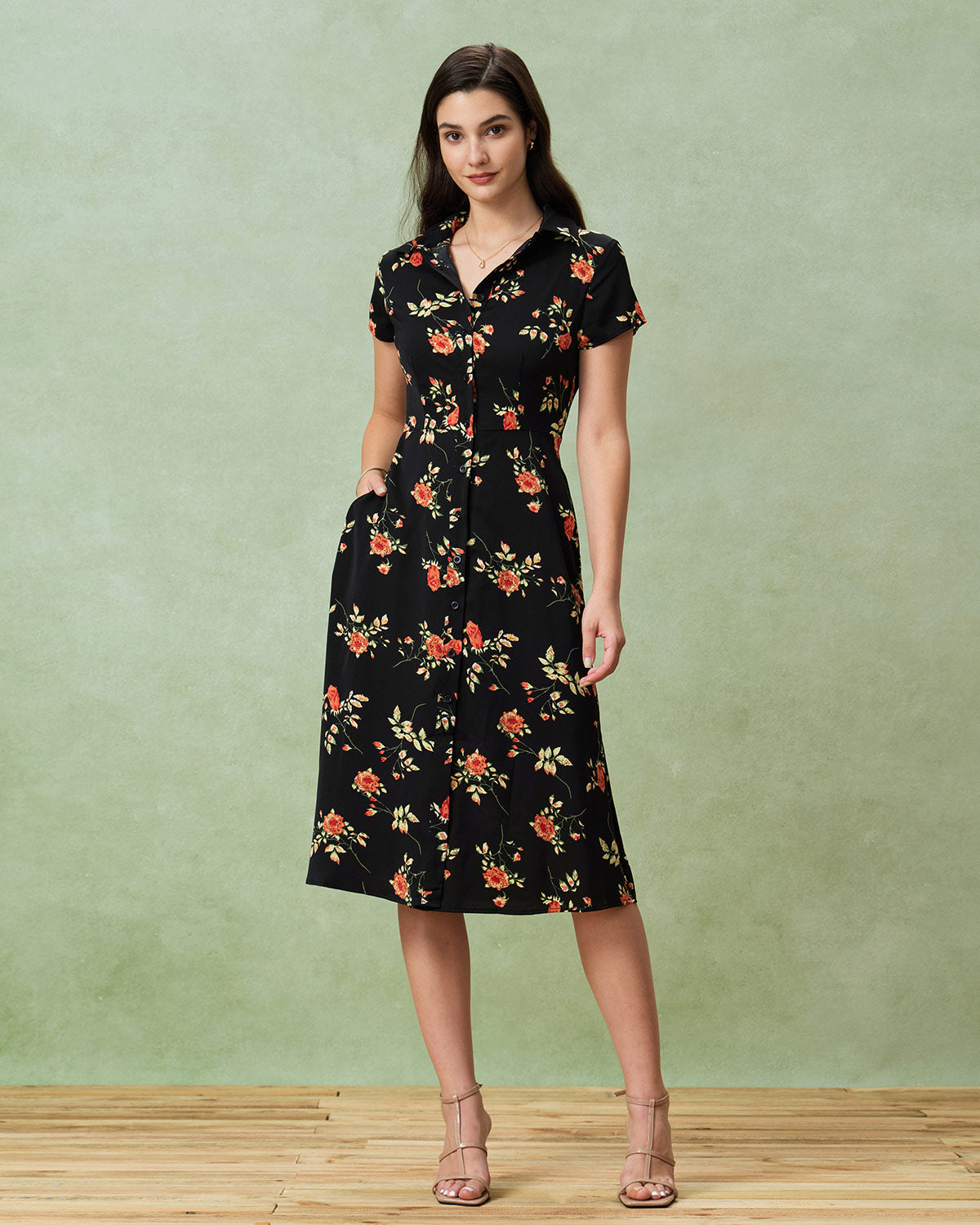 Black Floral Button A-Line Midi Dress