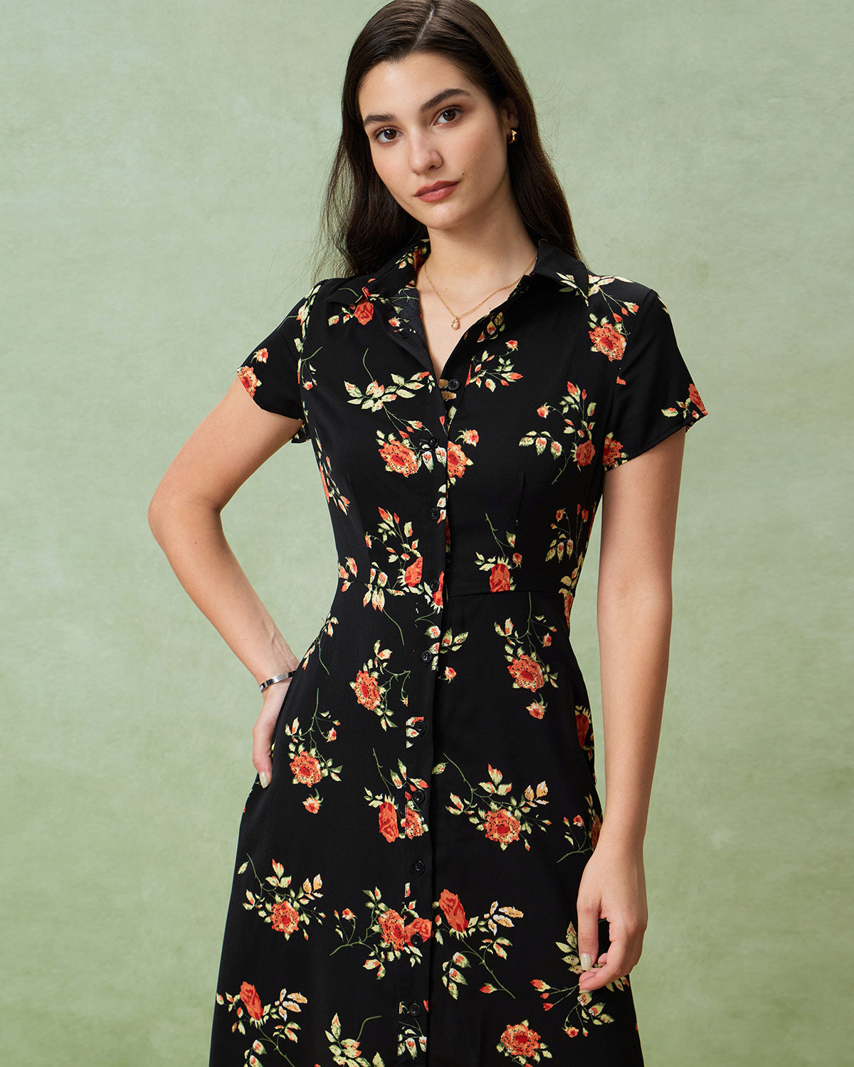 Black Floral Button A-Line Midi Dress