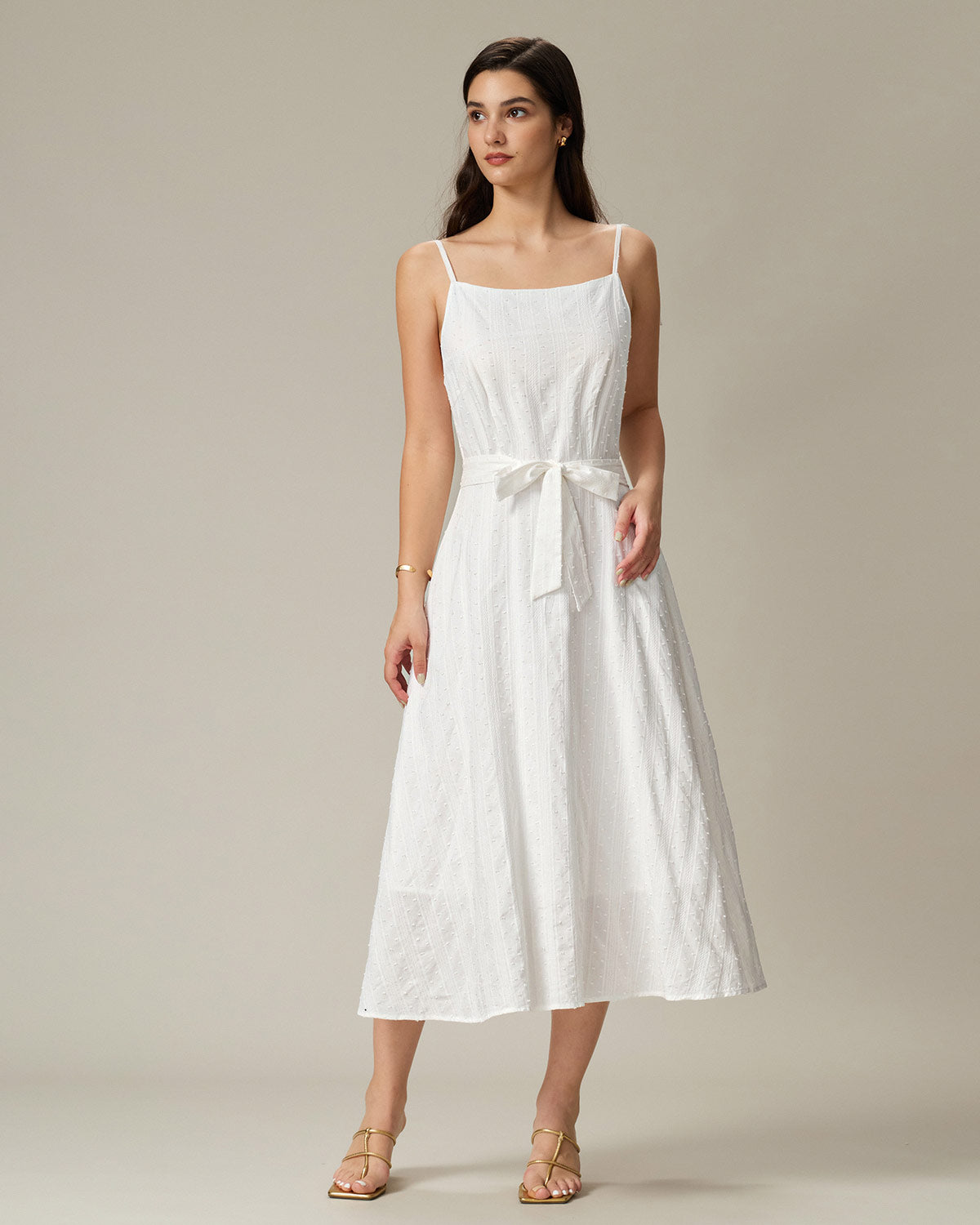 White Textured Square Neck Slip Midi Dress