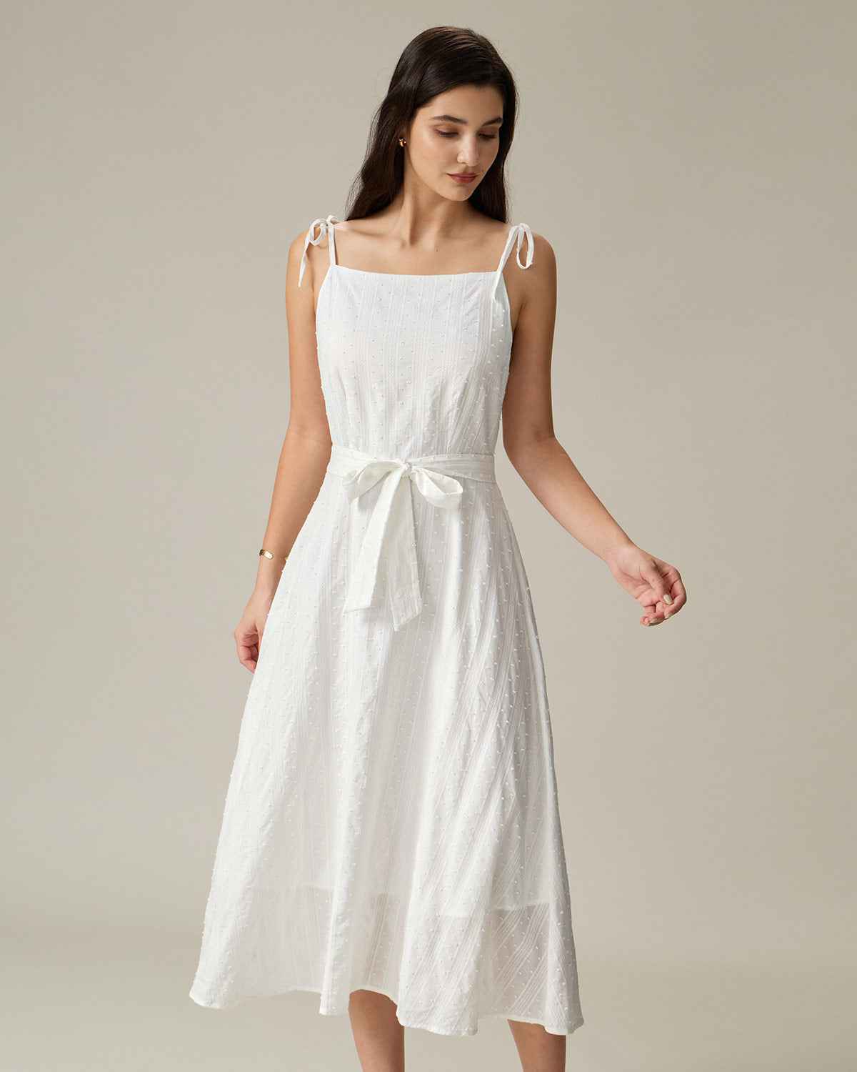 White Textured Square Neck Slip Midi Dress