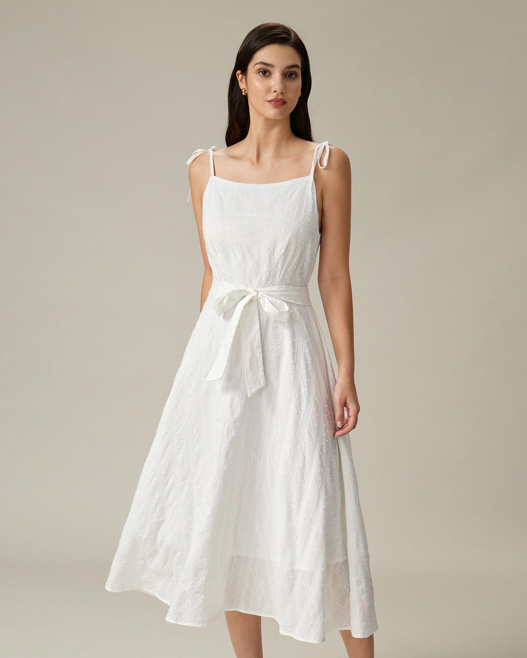 White Textured Square Neck Slip Midi Dress