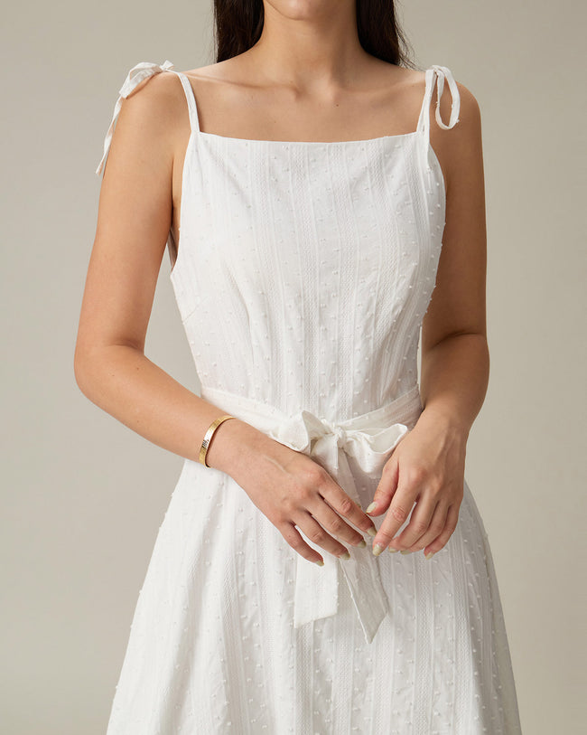 White Textured Square Neck Slip Midi Dress