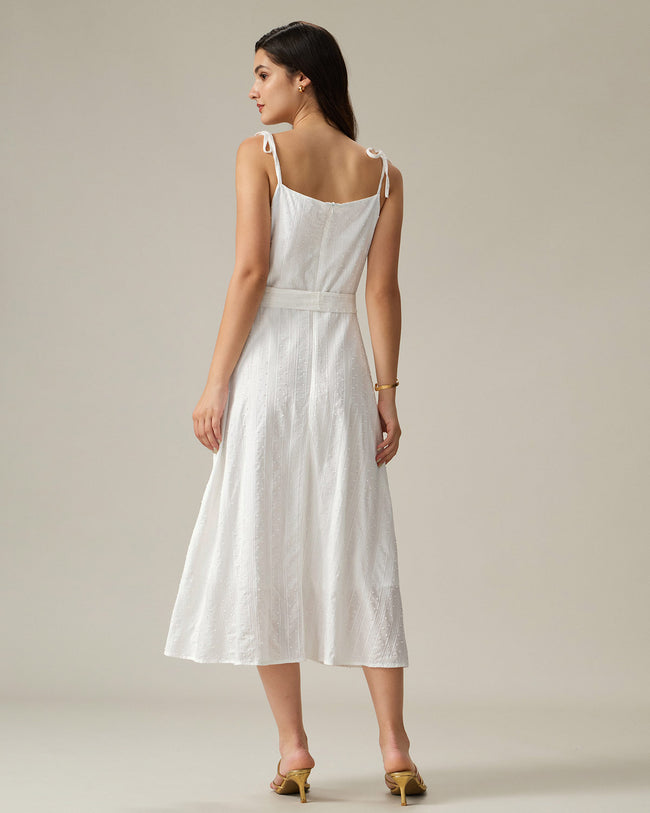 White Textured Square Neck Slip Midi Dress