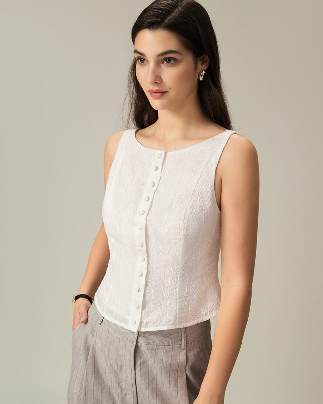 White Textured Boat Neck Button Vest