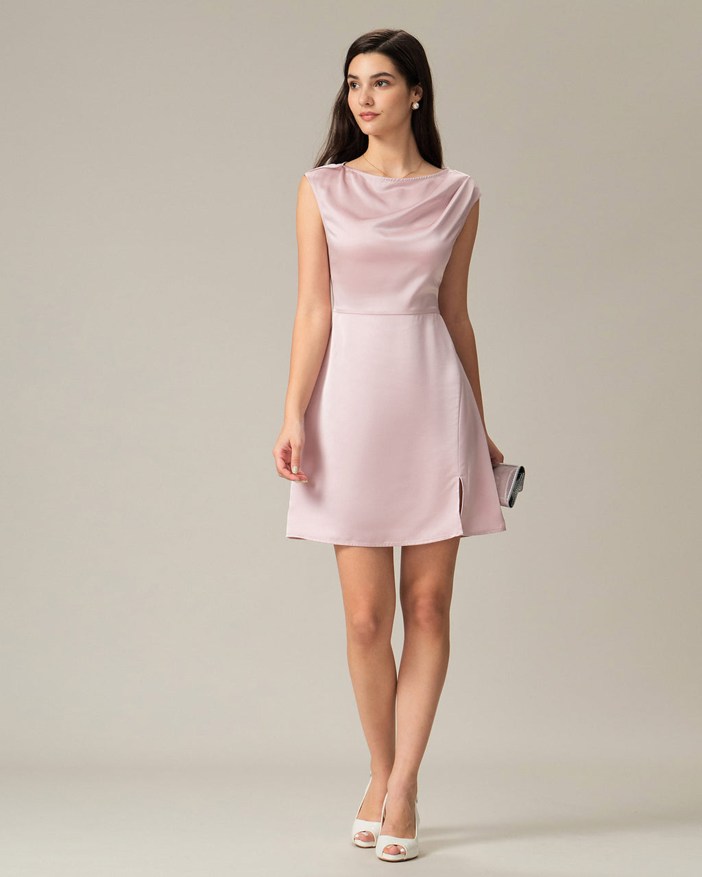 Pink Boat Neck Satin Mini Dress