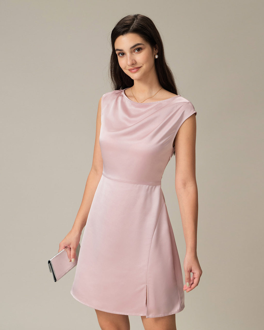 Pink Boat Neck Satin Mini Dress