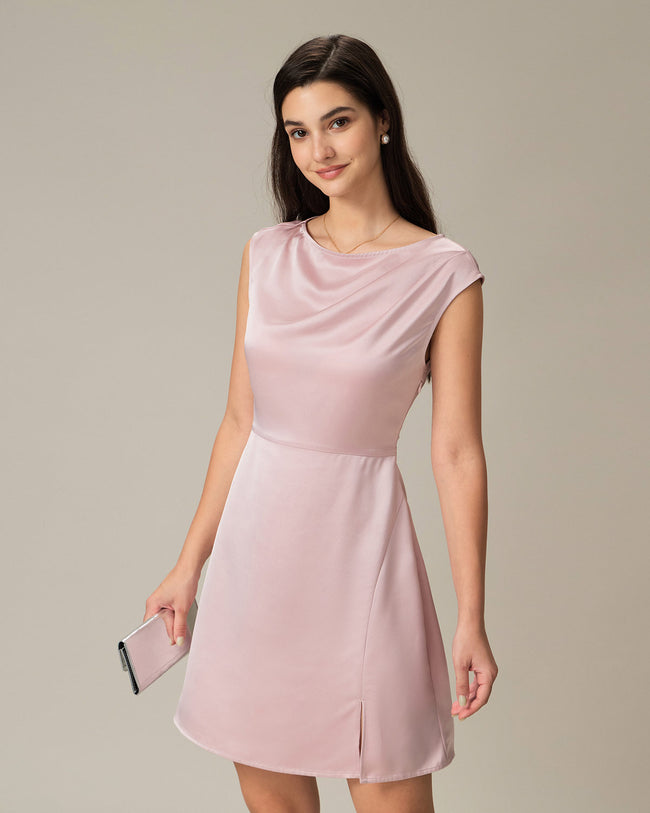 Pink Boat Neck Satin Mini Dress