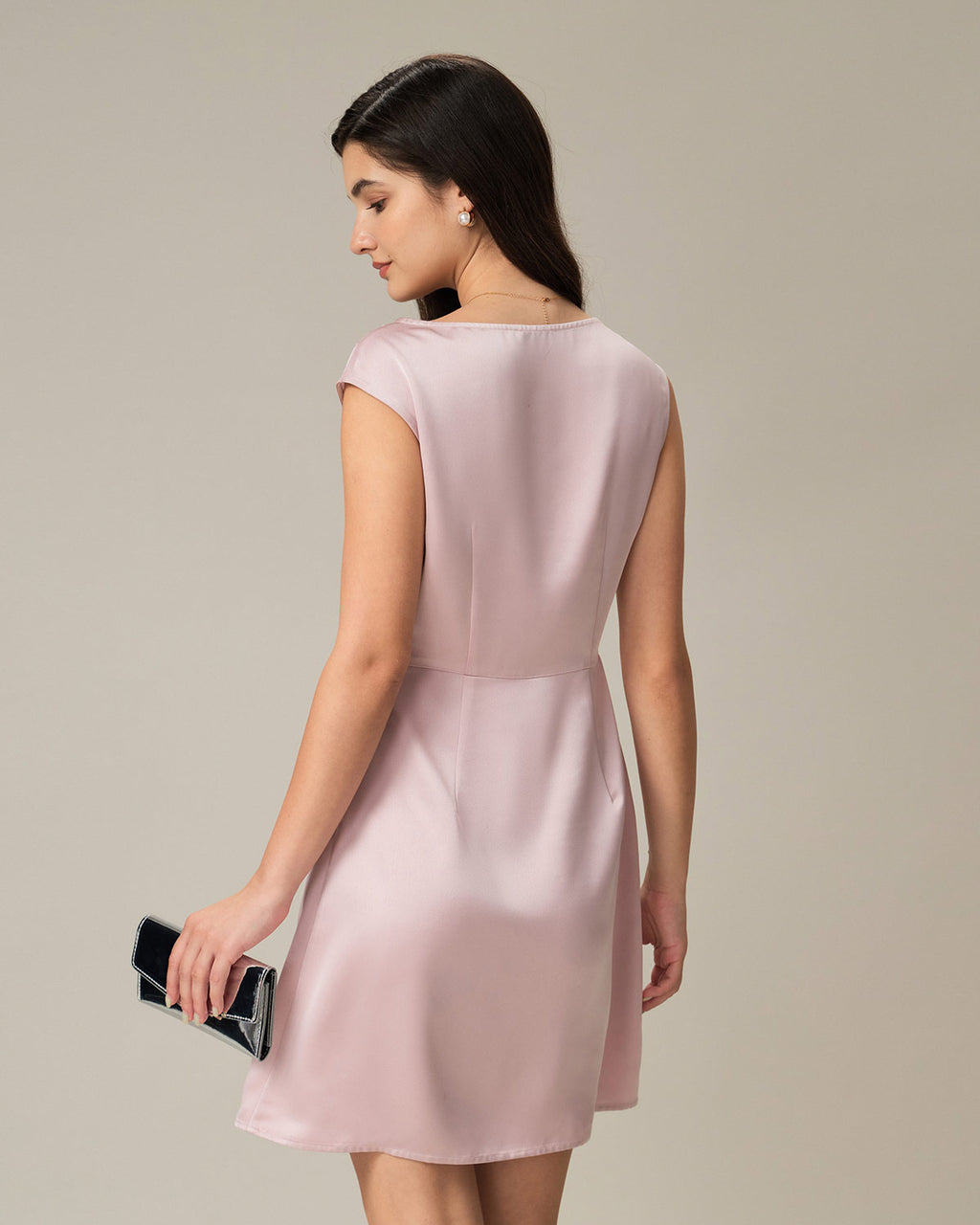 Pink Boat Neck Satin Mini Dress