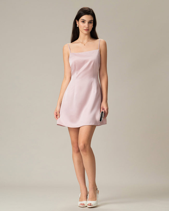 Pink Square Neck Satin Mini Dress