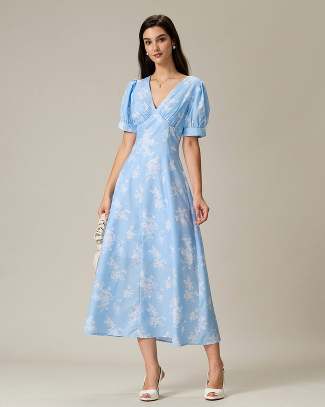 Blue Floral Puffed Sleeve Ruched Midi Dress
