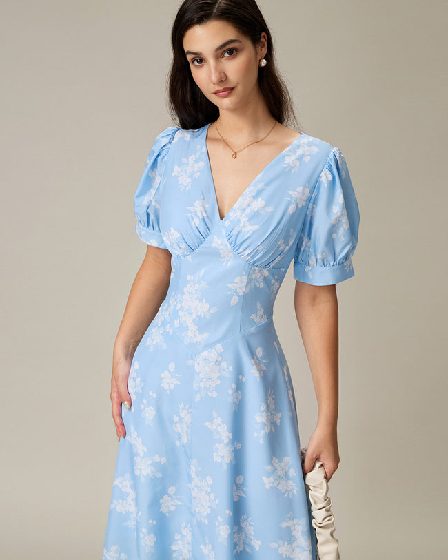 Blue Floral Puffed Sleeve Ruched Midi Dress