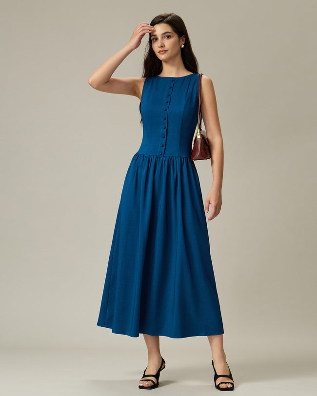 Blue Boat Neck Button Sleeveless Midi Dress