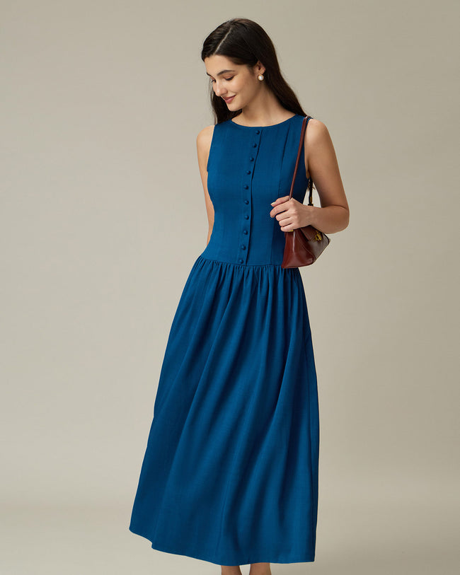 Blue Boat Neck Button Sleeveless Midi Dress