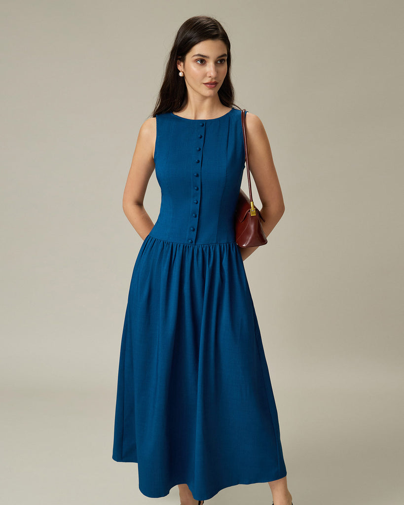 Blue Boat Neck Button Sleeveless Midi Dress