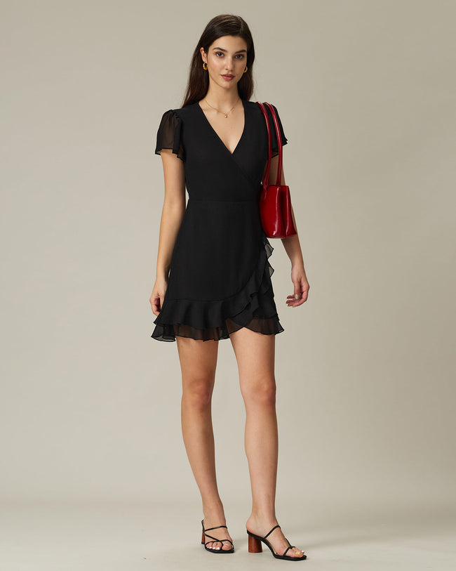 Black V Neck Chiffon Mini Dress