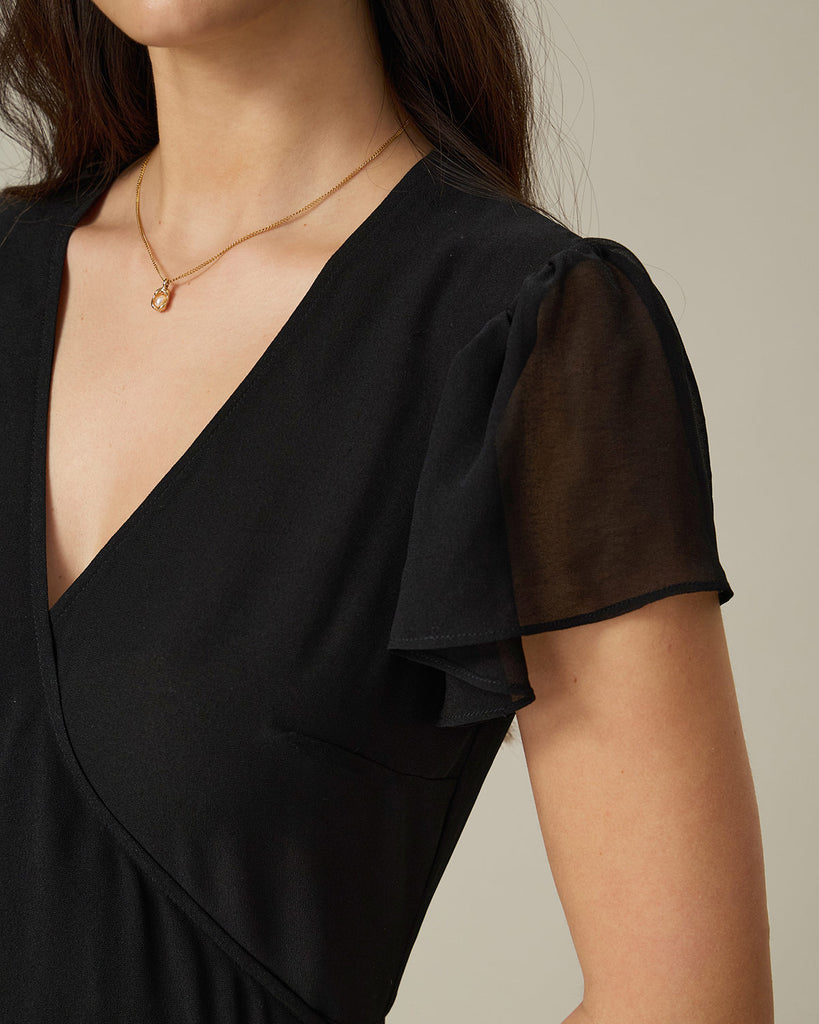 Black V Neck Chiffon Mini Dress