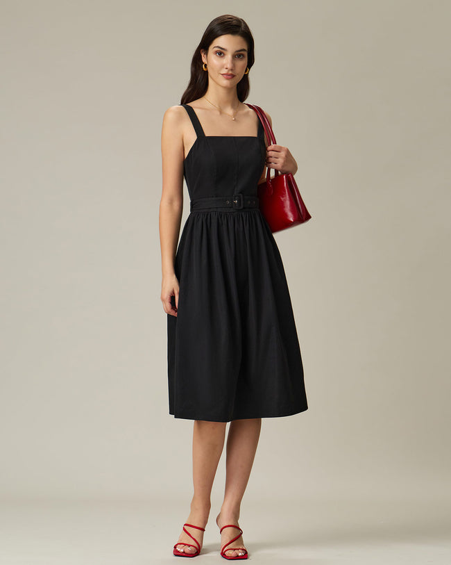 Black Square Neck Ruched Slip Midi Dress