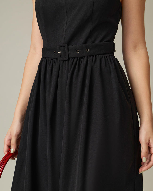 Black Square Neck Ruched Slip Midi Dress